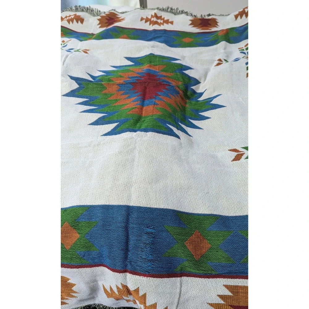 Southwest Woven Throw Blanket Fringed Edges blue green rust orange red